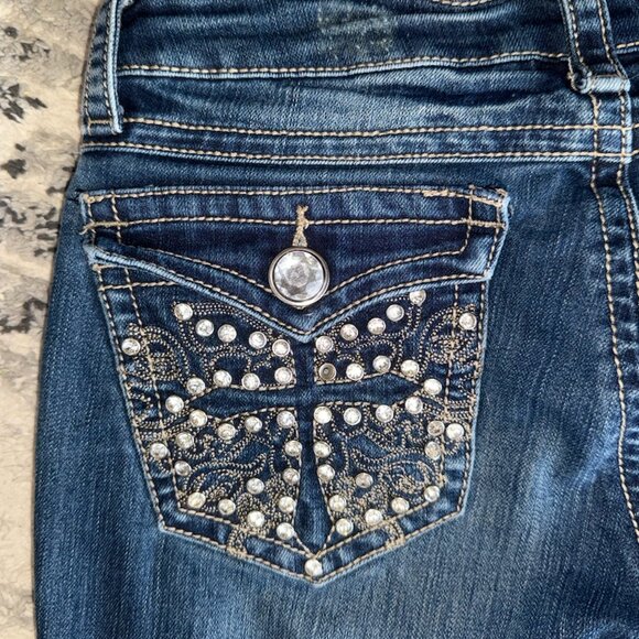 D-FUZ WOMEN SIZE 5 / 6 Skinny Jeans Mid Rise Jeweled Pockets Medium Blue No Hole - Picture 5 of 15